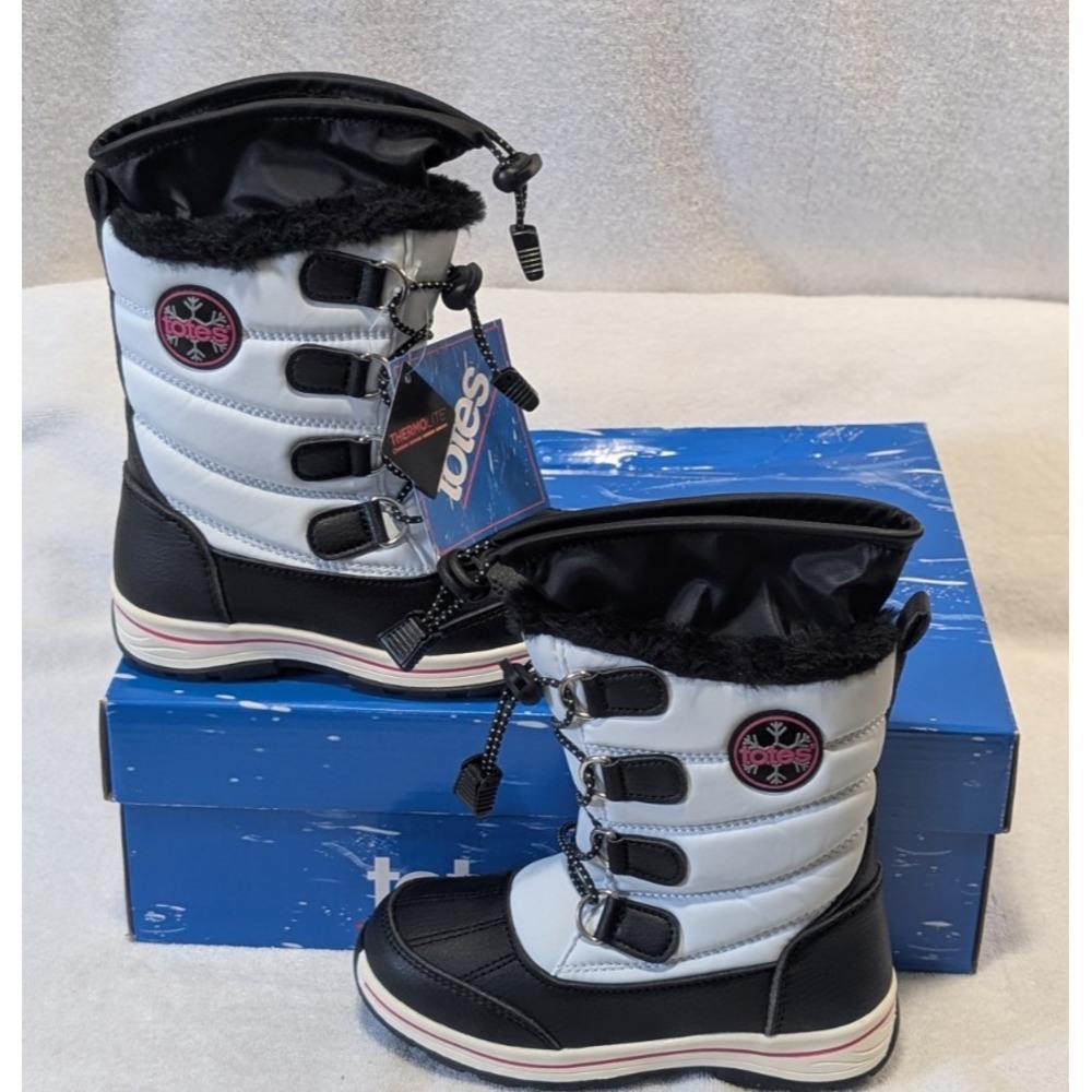 totes Alpine Mackenzie Waterproof Girls Winter Snow Boots Warm Black White Sz 12